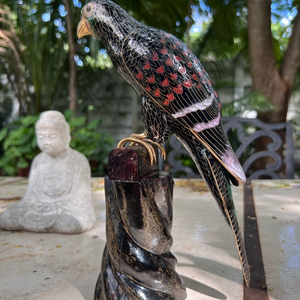 Rare Vintage Cloisonne Black and Red Bird Figurine in excellent condition